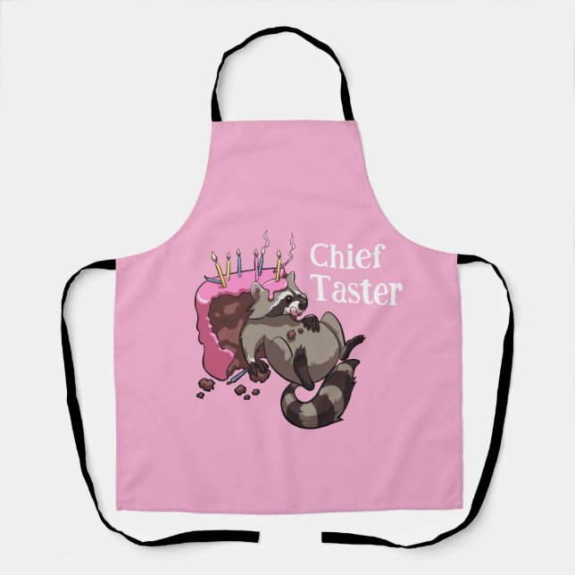 Funny Racoon Chief Taster Eating Cake Cartoon Apron (Front)
