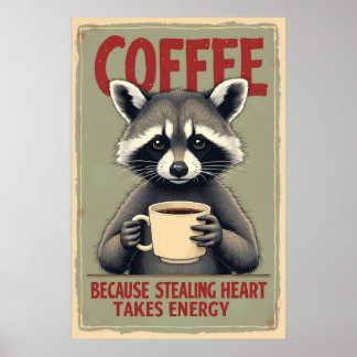 Funny Racoon Coffee Art Poster