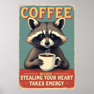 Funny Racoon Coffee Art Poster