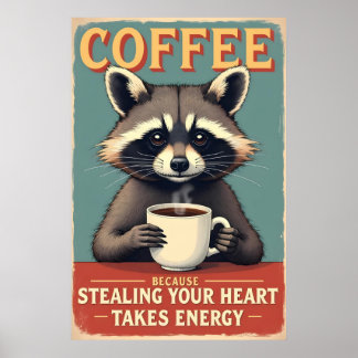Funny Racoon Coffee Art Poster