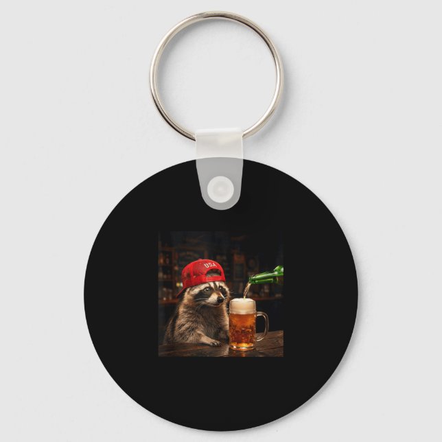 Funny racoon drinking beer patriotic 4th of july key ring (Front)