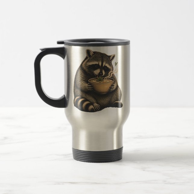 Funny Racoon Drinking Hot Soup Travel Mug (Left)