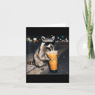 Funny racoon drinking iced coffee animal meme men card