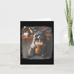 Funny racoon drinking iced coffee animal meme men card