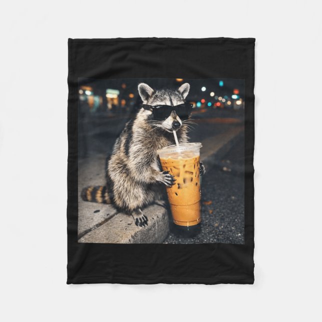 Funny racoon drinking iced coffee animal meme men fleece blanket (Front)