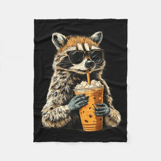 Funny Racoon Drinking Iced Coffee Animal Meme Men Fleece Blanket (Front)