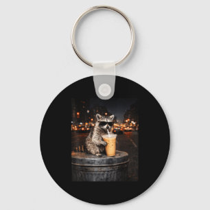 Funny racoon drinking iced coffee animal meme men key ring