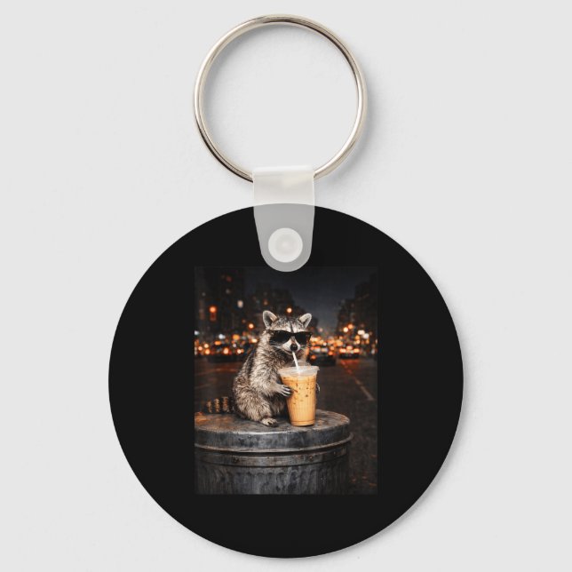 Funny racoon drinking iced coffee animal meme men key ring (Front)