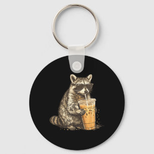 Funny Racoon Drinking Iced Coffee Animal Meme Men Key Ring