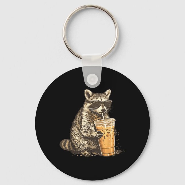 Funny Racoon Drinking Iced Coffee Animal Meme Men Key Ring (Front)