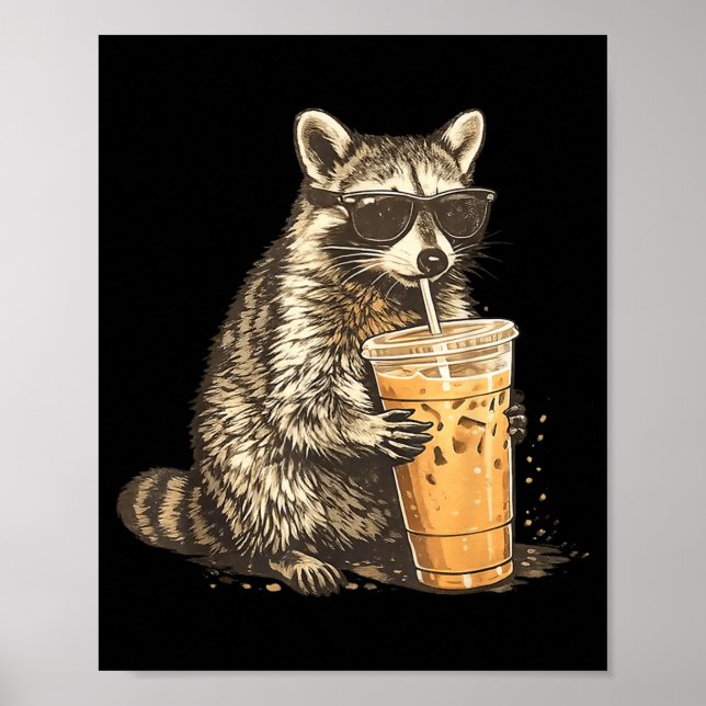 Funny Racoon Drinking Iced Coffee Animal Meme Men Poster (Front)