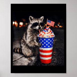 Funny Racoon Drinking Iced Coffee Men Women 4th Poster