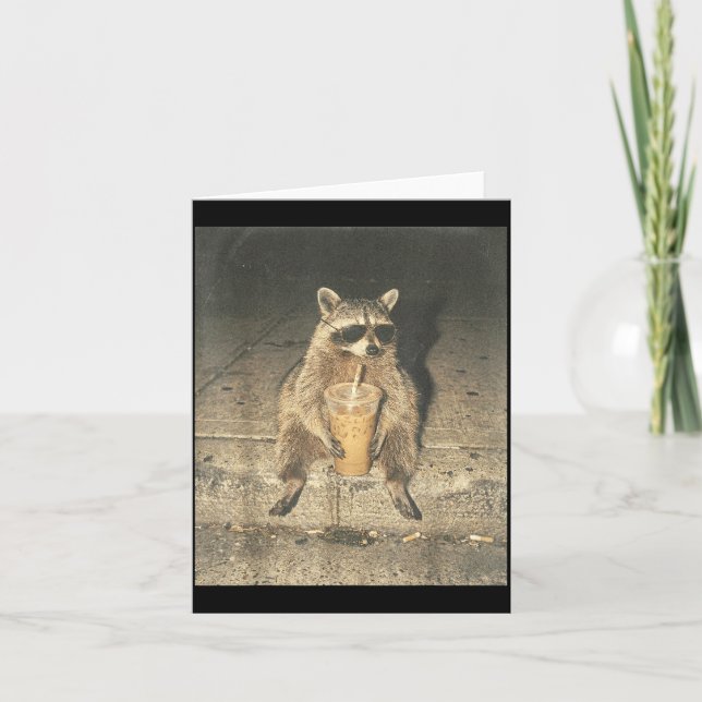 Funny racoon drinking iced coffee unhinged meme card (Front)
