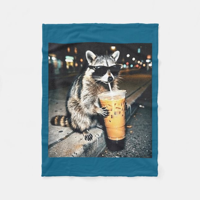 Funny Racoon Drinking Milk Cute Illustration Fleece Blanket (Front)