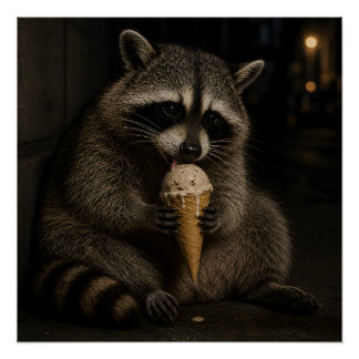 Funny Racoon Eating Ice Cream Poster