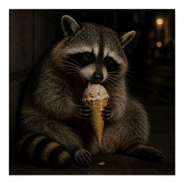 Funny Racoon Eating Ice Cream Poster (Front)