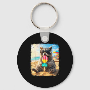 Funny racoon eating popsicle summer animal key ring