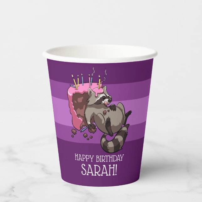 Funny Racoon Happy Birthday Add Your Name Cartoon Paper Cups (Front)