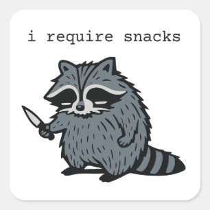 Funny Racoon “I Require Snacks” Cartoon Design Square Sticker