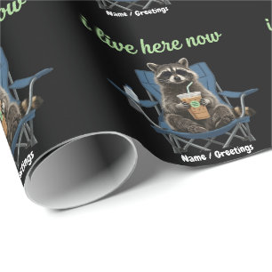 Funny Racoon Iced Coffee I Live Here Now  Wrapping Paper