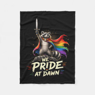 Funny racoon rainbow cape warrior pride at dawn fleece blanket