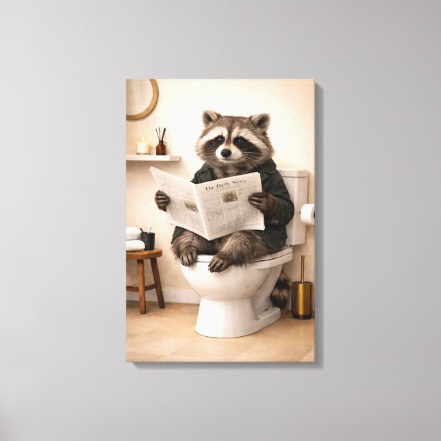 Funny Racoon Reading Newspaper Bathroom Humour Canvas Print (Front)