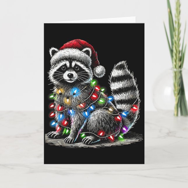 Funny Racoon Santa Hat Christmas Tree Lights Paja Card (Front)