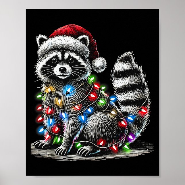 Funny Racoon Santa Hat Christmas Tree Lights Paja Poster (Front)