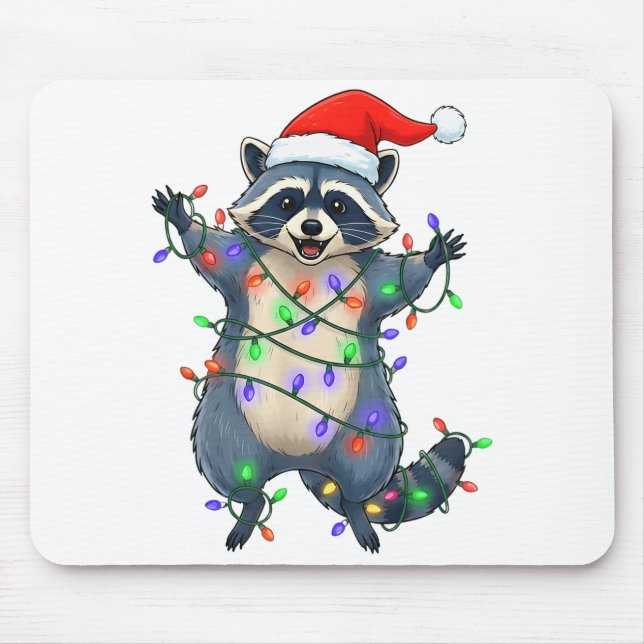 Funny Racoon Santa Hat Christmas Tree Lights Xmas  Mouse Mat (Front)