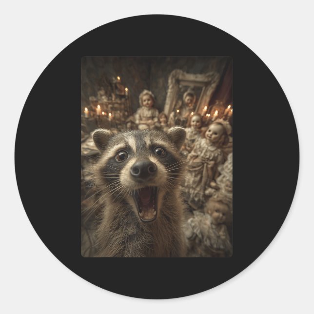 Funny Racoon Selfie Creepy Dolls Soky Halloween A Classic Round Sticker (Front)