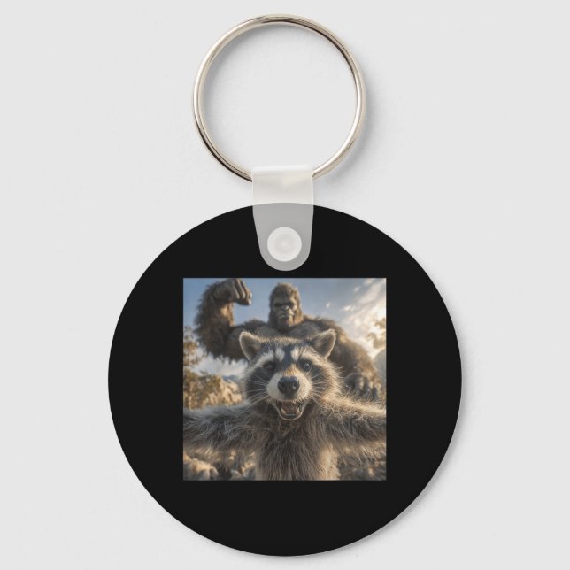 Funny Racoon Selfie with Bigfoot Funny Sasquatch Key Ring (Front)