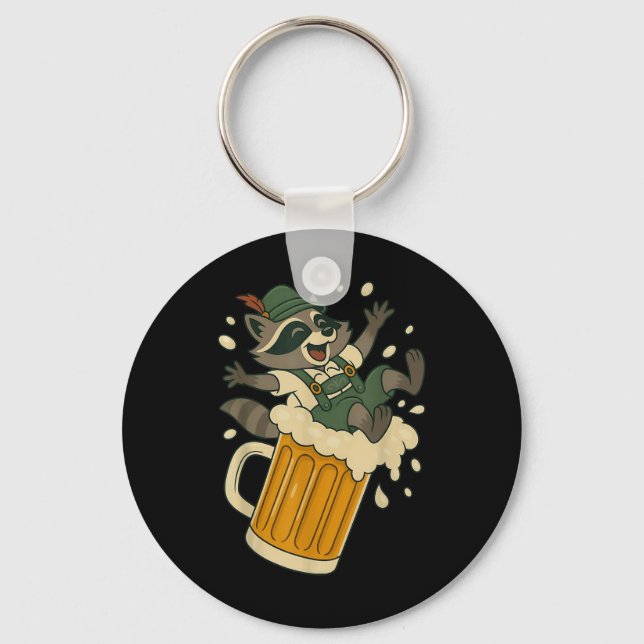 Funny Racoon Sliding Down A Giant Beer Mug Foam  Key Ring (Front)