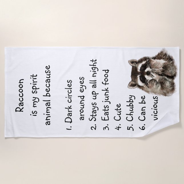Funny Racoon Spirit Animal Humour Cute Watercolor Beach Towel (Front)