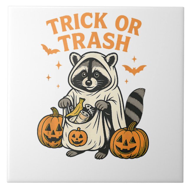 Funny Racoon Trick or Trash Halloween Tile (Front)