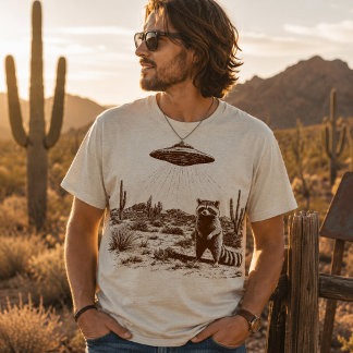 Funny Racoon UFO Alien Abduction Desert T-Shirt