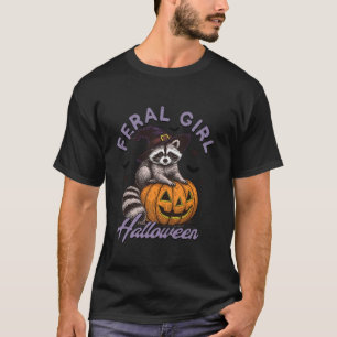 Funny Racoon Witch Hat Feral Girl Halloween Pumpk T-Shirt