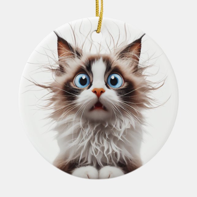 FUNNY RAGDOLL CAT SURPRISED CAT FACE CERAMIC TREE DECORATION (Front)