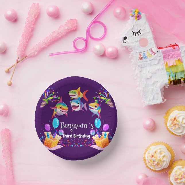 Funny rainbow shark birthday balloon party boys paper plate (Party)