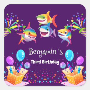 Funny rainbow shark birthday balloon party boys square sticker