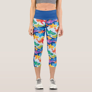 Funny rainbow shark birthday balloon party Family  Capri Leggings
