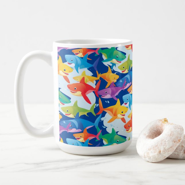 Funny rainbow shark birthday balloon party Family  Coffee Mug (With Donut)