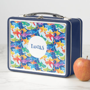 Funny rainbow shark birthday balloon party Family Metal Lunch Box