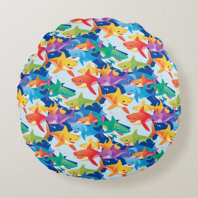 Funny rainbow shark birthday balloon party kids round cushion (Front)