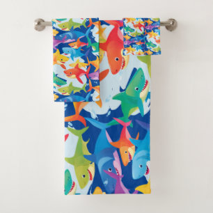 Funny rainbow shark birthday party Pattern Bath Towel Set