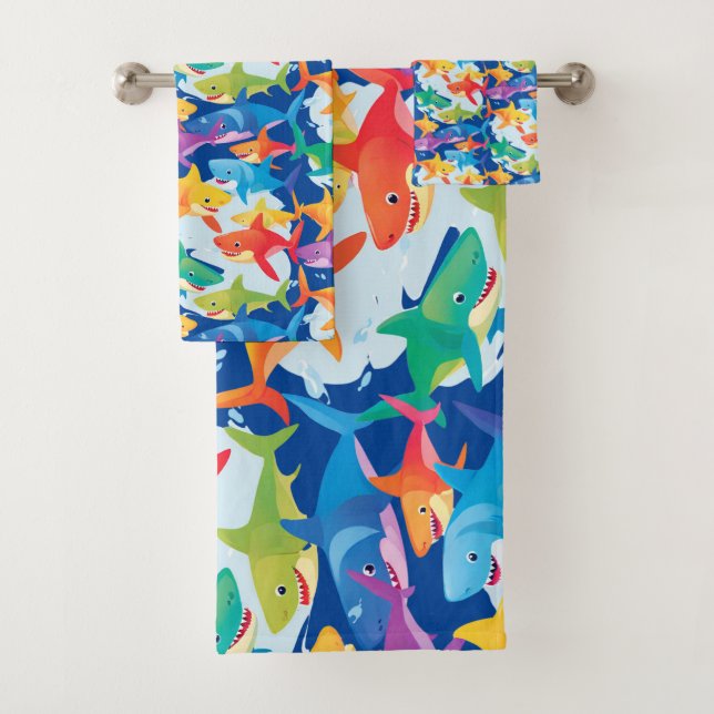 Funny rainbow shark birthday party Pattern Bath Towel Set (Insitu)