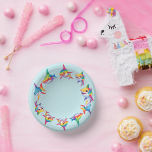 Funny rainbow shark birthday party Pattern Kids  Paper Plate