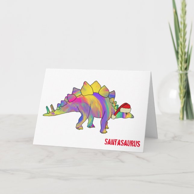 Funny Rainbow Stegosaurus Santa Christmas Dinosaur Card (Front)
