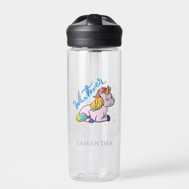 Funny Rainbow Unicorn Whatever Personalised Water Bottle (Front)