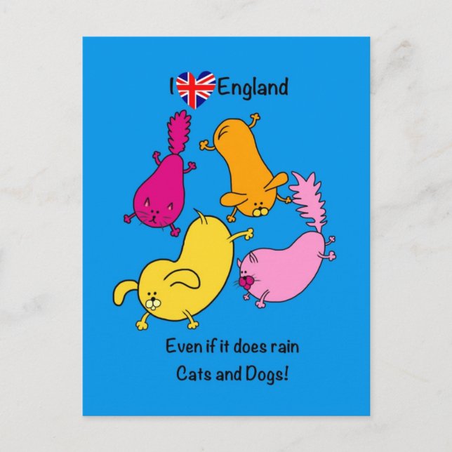 Funny Raining Cats and Dogs cartoon, love London Postcard (Front)