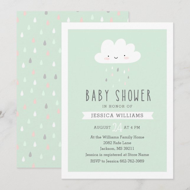 Funny Rainy Cloud Baby Shower Invitation in Mint (Front/Back)